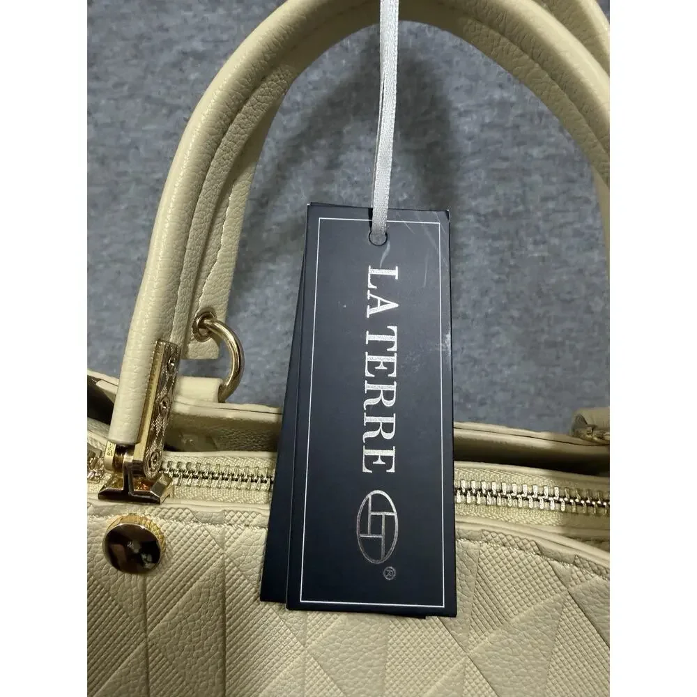 La Terre Beige Embossed Diamond Satchel Handbag Gold Tone Hardware NWT